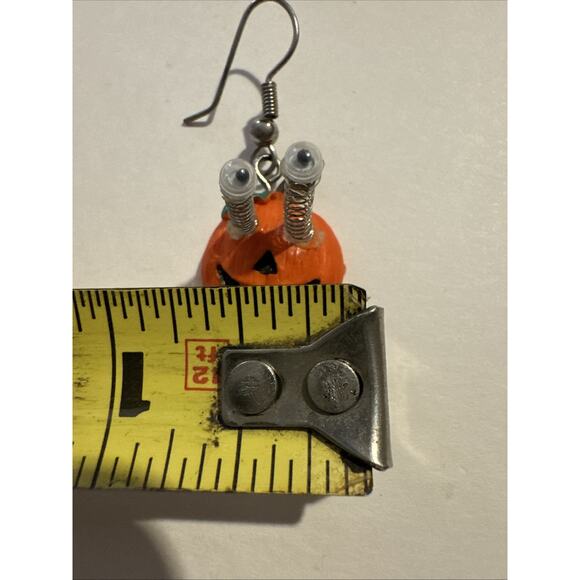 Vintage Halloween Pumpkin Drop Earrings Rhinestone Dangle Pierced Eyes Popped - Picture 7 of 7